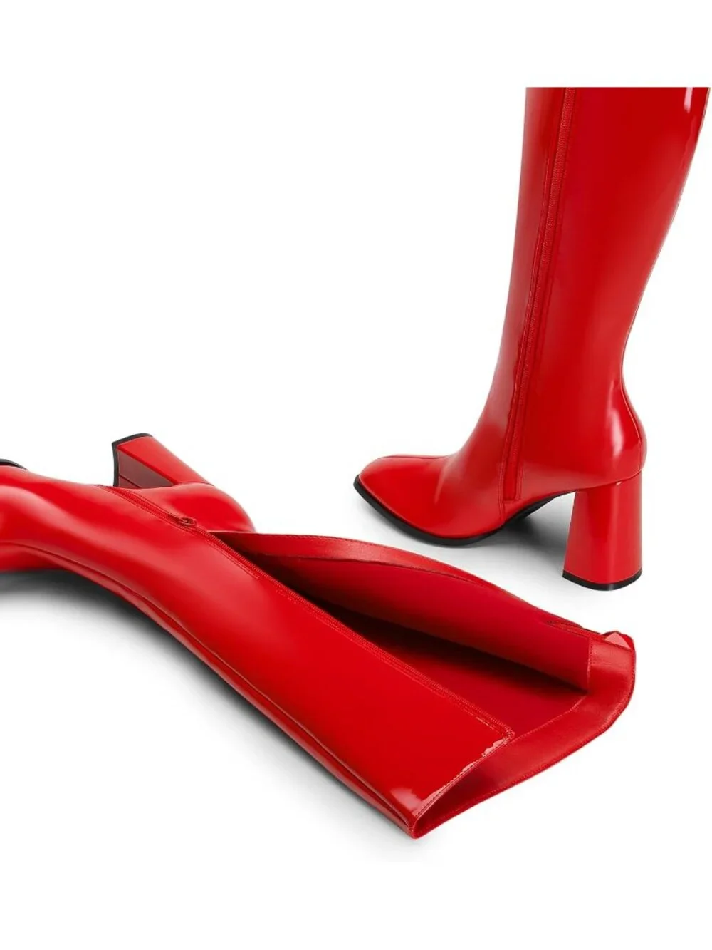 Women's Red Pat Chunky Block Heeled Square Toe Side Zipper Knee High Boots
